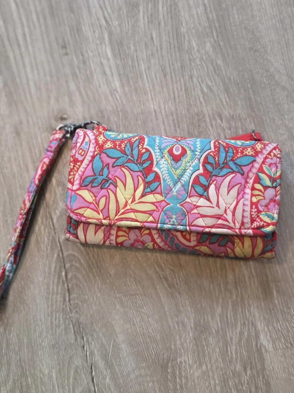 Vera Bradley Pink Teal Yellow Floral Quilted Wristlet - Picture 1 of 4